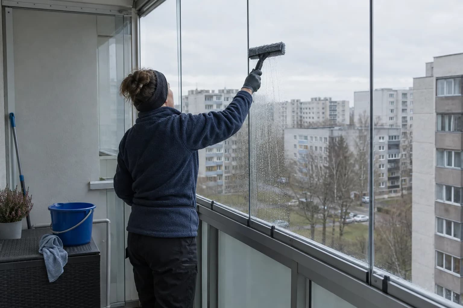 Koristaja peseb paneelmaja klaasitud rõdu liugklaase seestpoolt