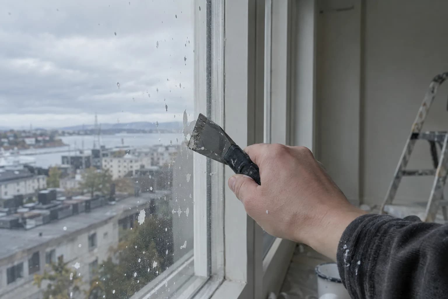 Käsi eemaldab kaabitsaga aknaklaasilt värviplekke