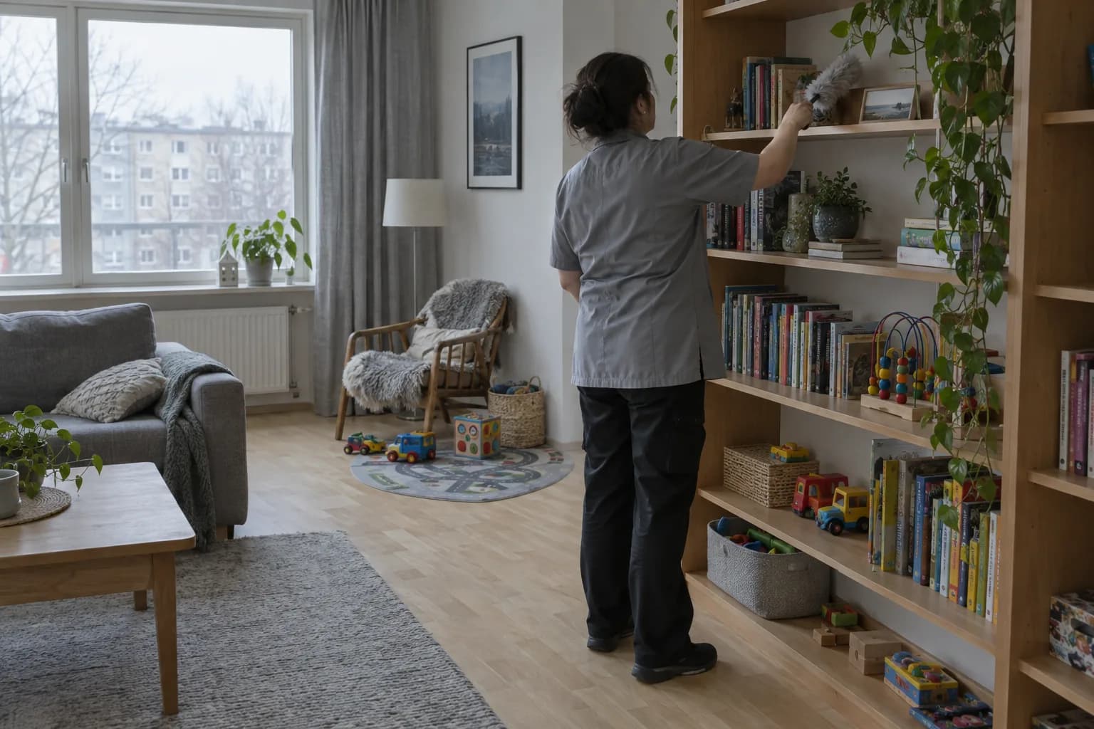 Koristaja pühib tolmu elutoa raamaturiiulitelt