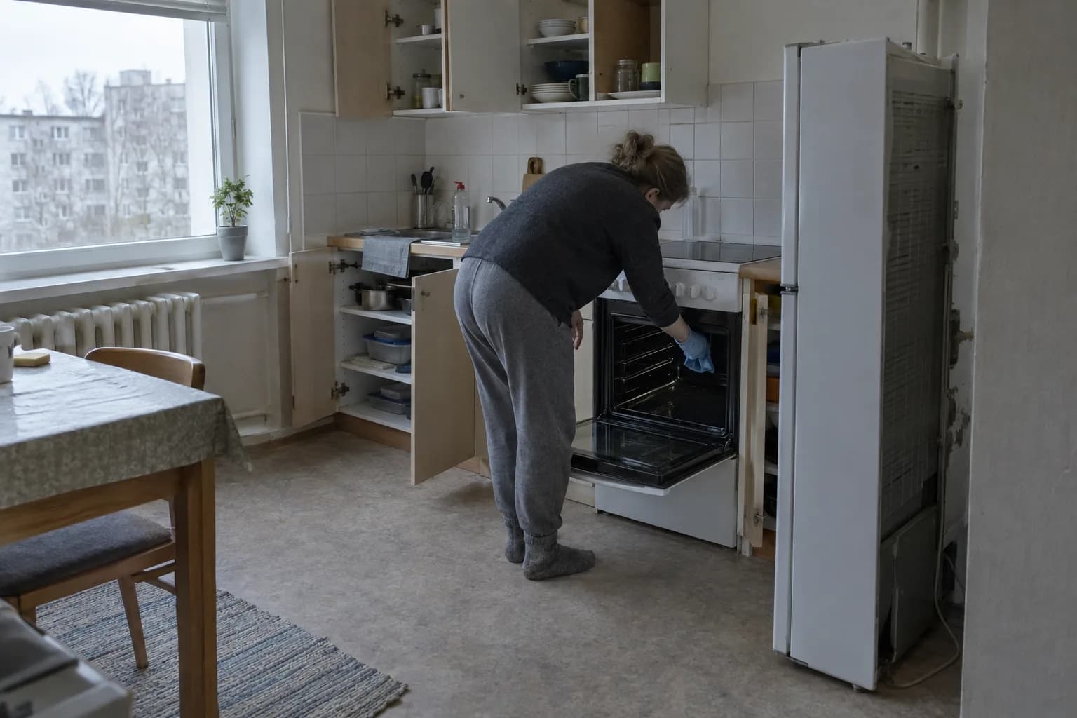 Koristaja puhastab ahju seest, külmik on seinast eemale tõstetud