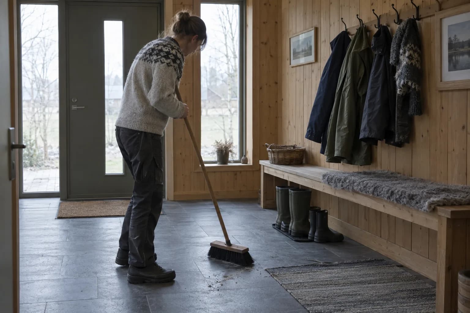 Koristaja pühib eramaja puitvooderdusega esikut, pingi all on kummikud