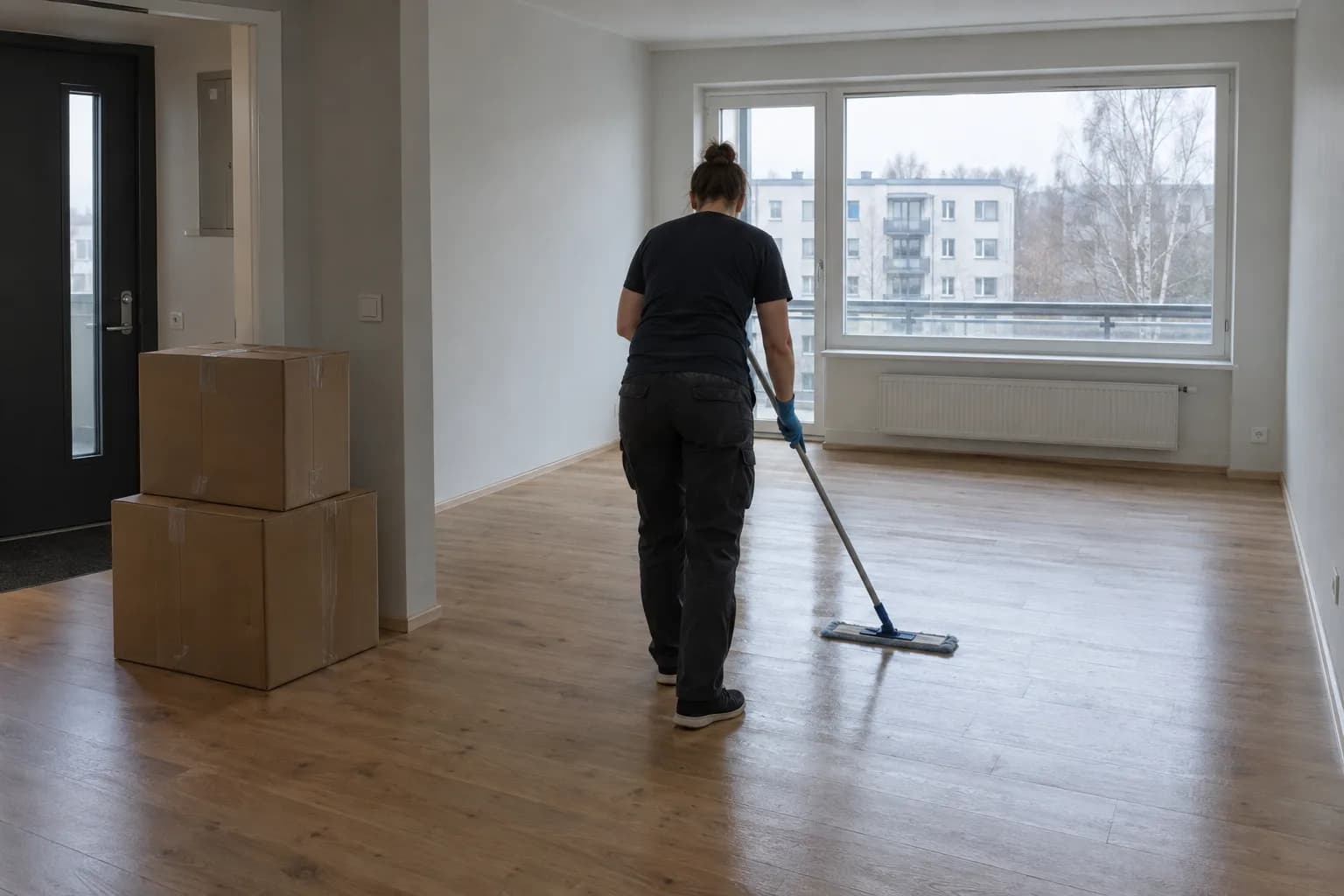 Koristaja peseb tühja korteri põrandat, ukse kõrval on kolimiskastid