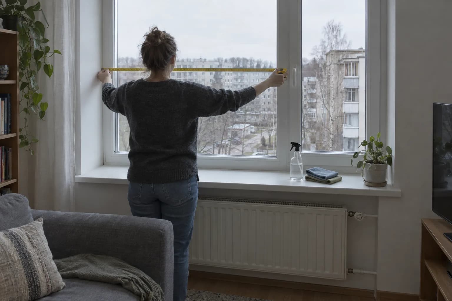 Inimene mõõdab mõõdulindiga elutoa akna laiust, aknalaual on pihustipudel ja lapid