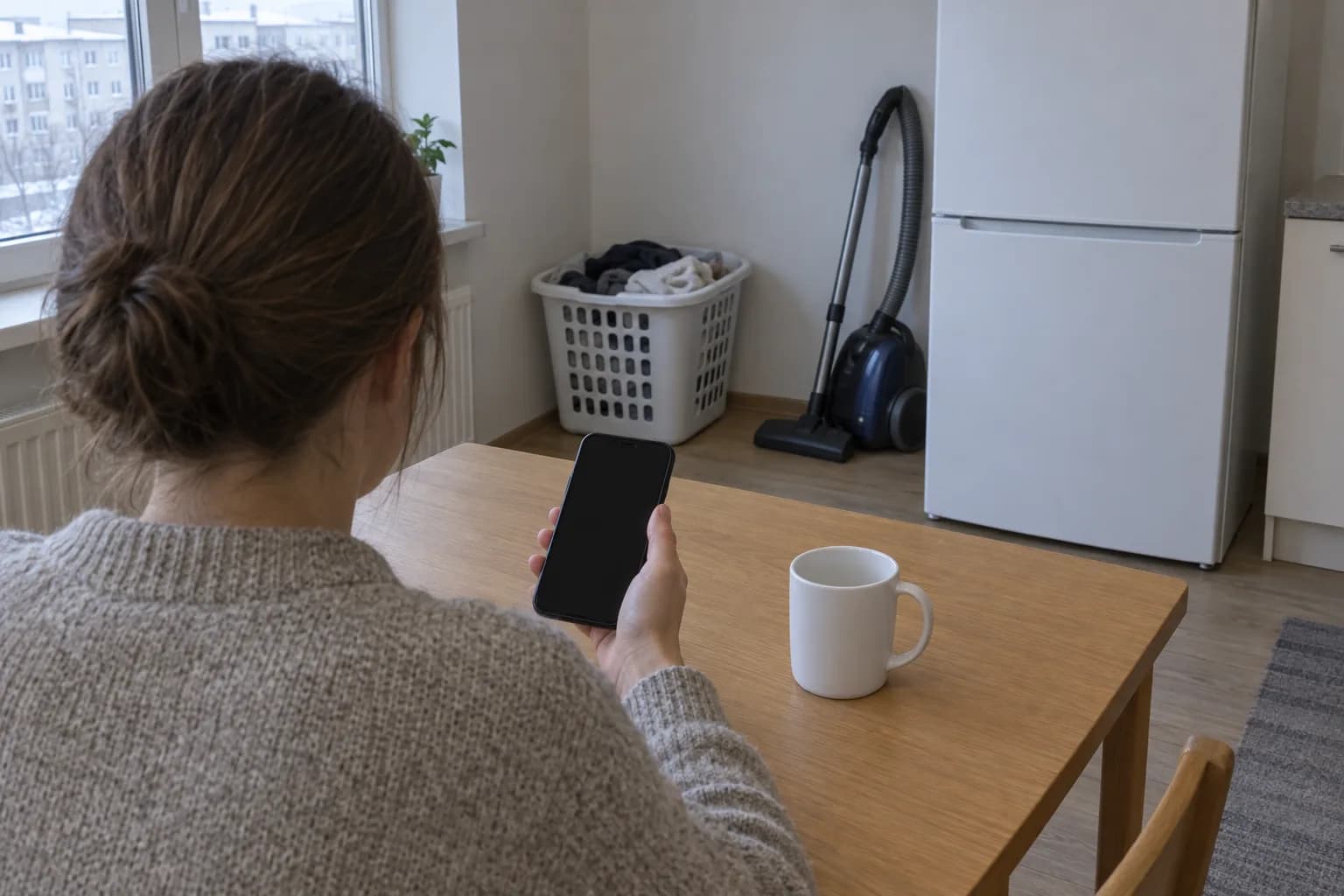 Inimene istub köögilaua taga telefoniga, taamal on pesukorv ja tolmuimeja
