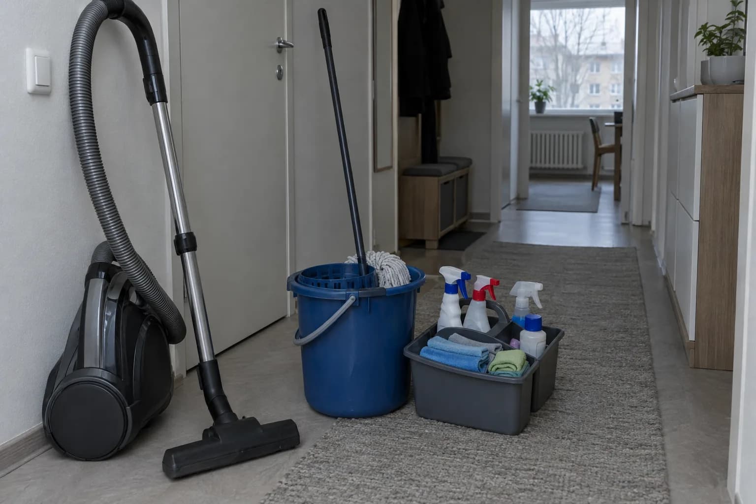 Tolmuimeja, mopiga ämber ja koristusvahendite korv korteri esikus enne töö algust