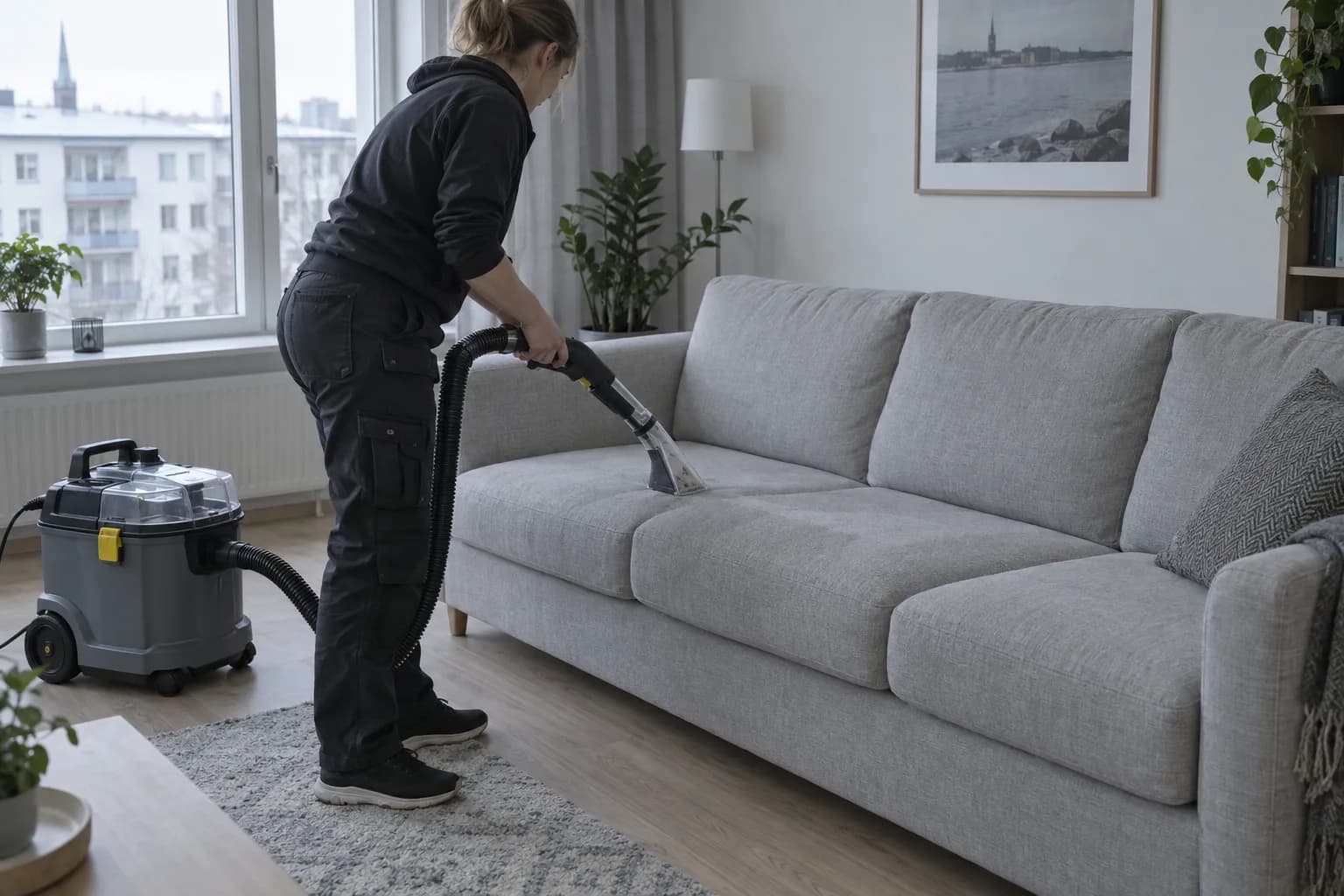 Töötaja puhastab halli riidest diivanit ekstraktori otsikuga, masin seisab põrandal