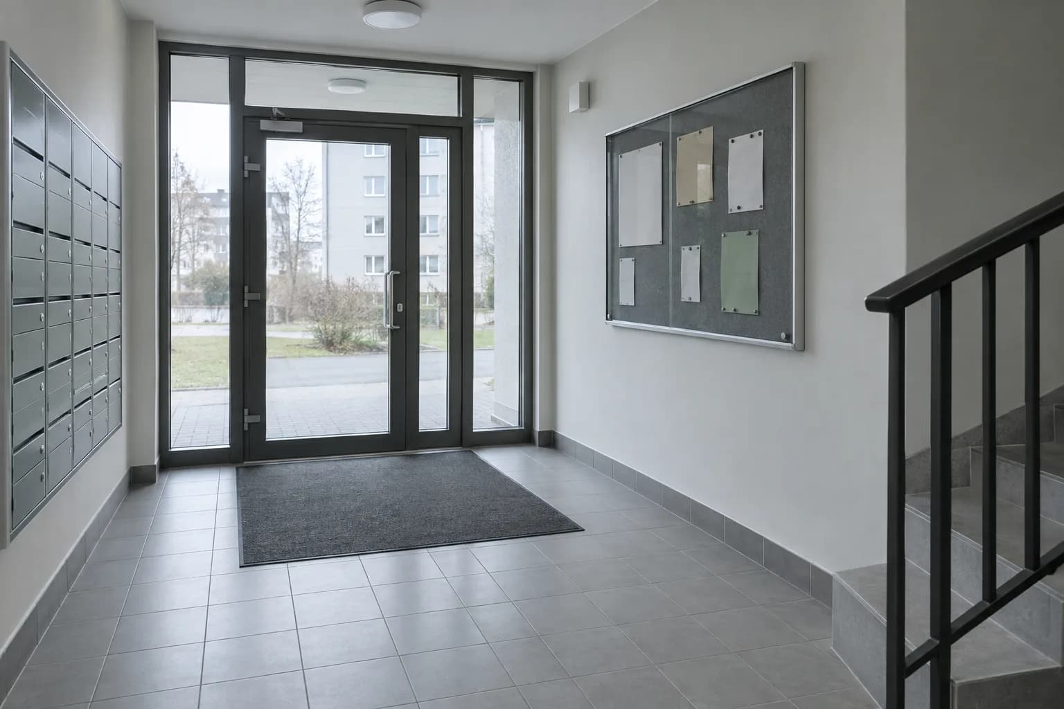 Renoveeritud kortermaja puhas esik, uksematt ja klaasist välisuks