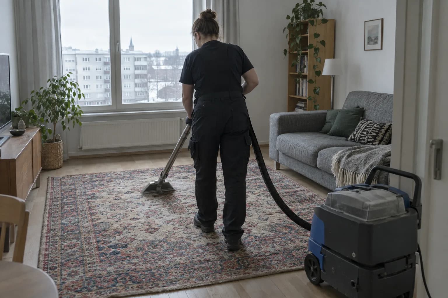 Töötaja puhastab elutoa põrandal mustrilist villast vaipa vaibapesumasinaga